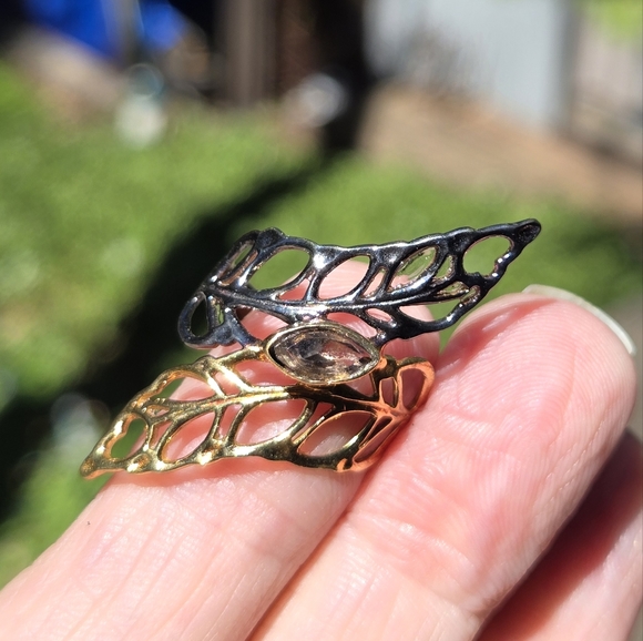 Herkimere diamond 🍃 🍂 leaf sterling rhodium & gold ring sz7.5 - Picture 4 of 7